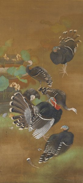 日本で買池上秀畝／荒木寛畝最初の内弟子「鴨」花鳥画 掛軸 絹本：長野県 花鳥、鳥獣